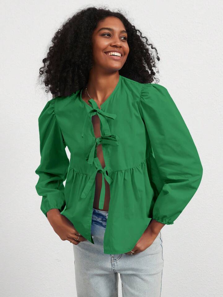 CM-TS810531 Women Casual Seoul Style Print Ruffle Hem Tie Long Sleeve Shirt - Green