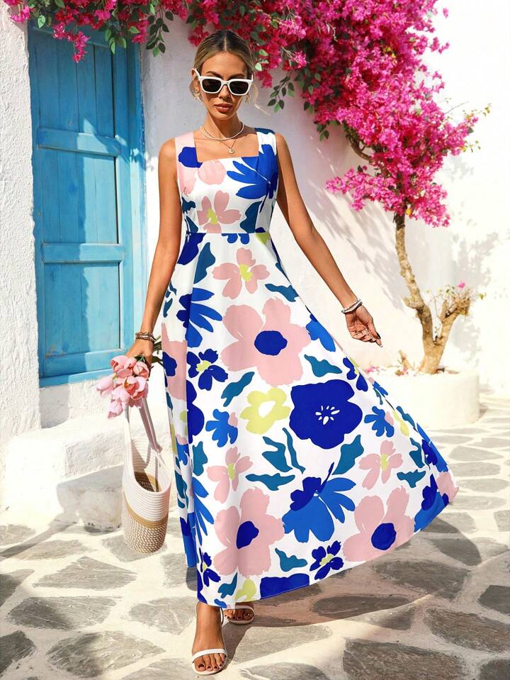 CM-DS671707 Women Trendy Bohemian Style Floral Print Square Neck Sleeveless High Waist Long Dress - Blue