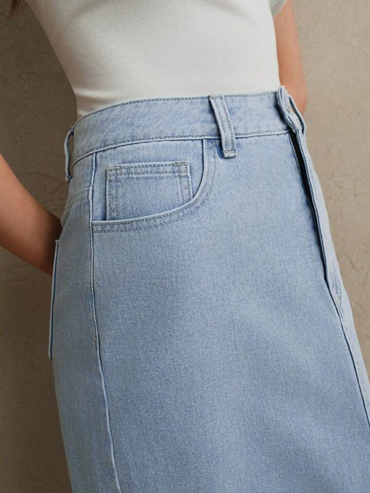 CM-BS252140 Women Elegant Seoul Style Floral Embroidered Fitted High Waist Midi Denim Skirt - Blue