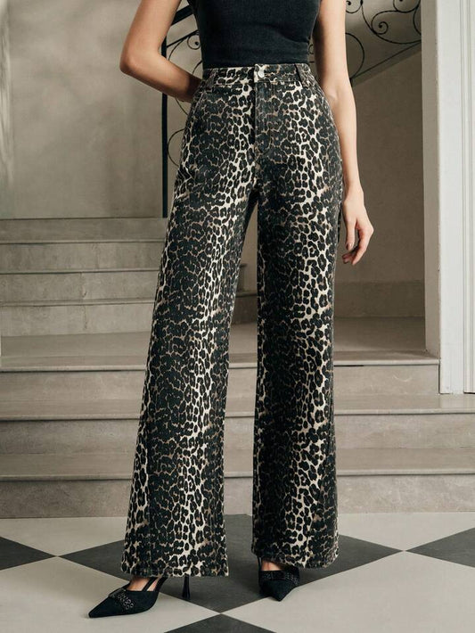 CM-BS954495 Women Elegant Seoul Style High Waist Pockets Leopard Print Wide Leg Loose Jeans - Coffee Brown