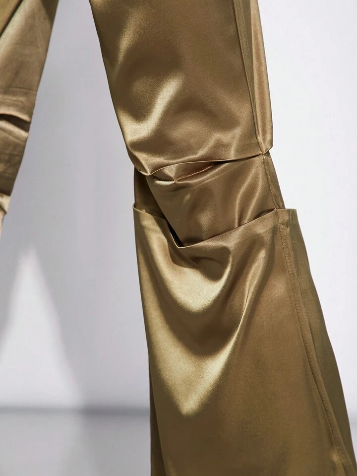 CM-BS322598 Women Elegant Seoul Style Drawstring Waist Pleated Satin Pants - Olive Green