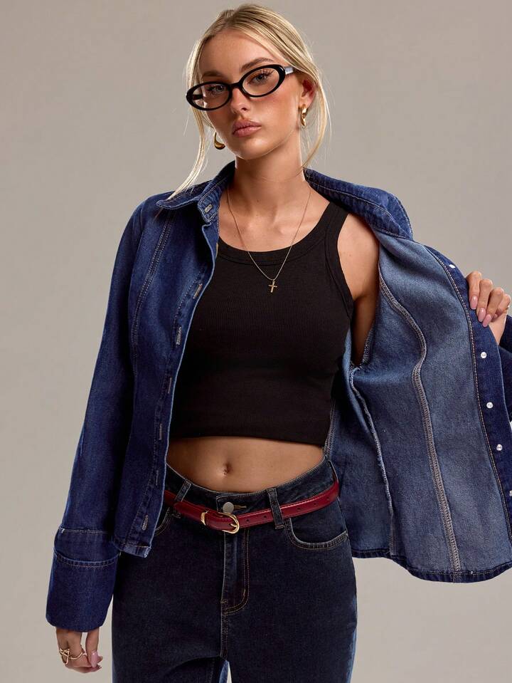 CM-CS618251 Women Casual Seoul Style Collar Neckline Single Breasted Long Sleeve Denim Jacket - Blue