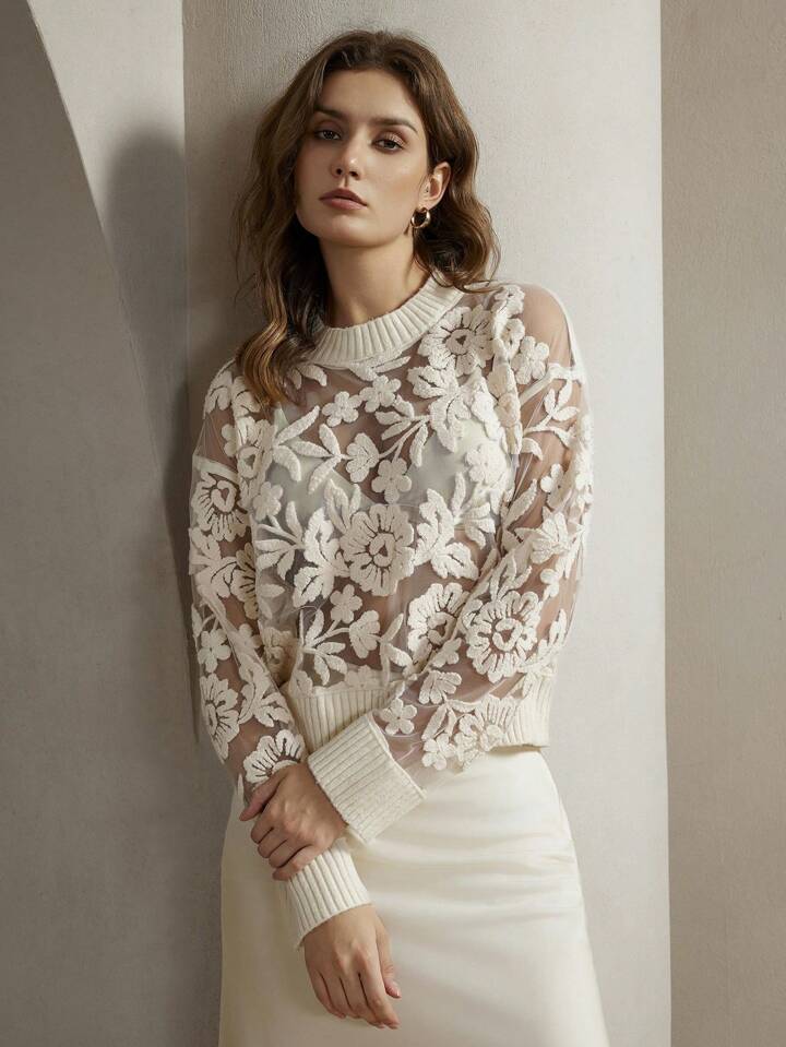 CM-CS716212 Women Casual Seoul Style Floral Pattern Round Neck Long Sleeve Knit Sweater - White