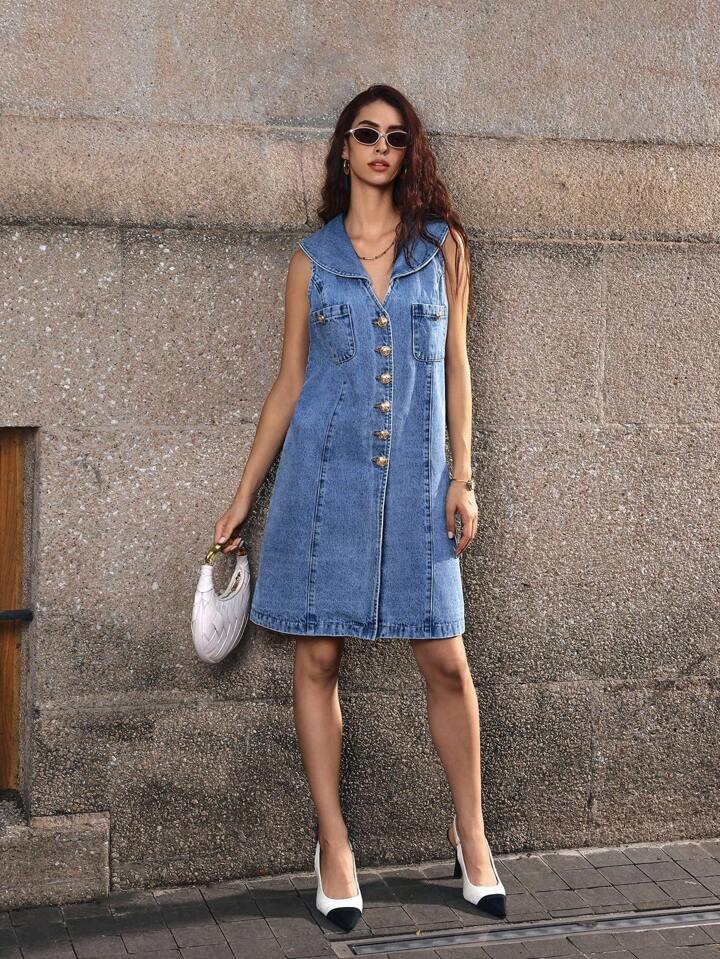 CM-DS321891 Women Casual Seoul Style Sailor Collar Sleeveless Buttoned Pocket Design Denim Dress - Blue