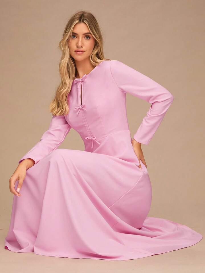 CM-DS775663 Women Elegant Seoul Style Bowknot Decor Round Neck Long Sleeves Maxi Dress - Pink