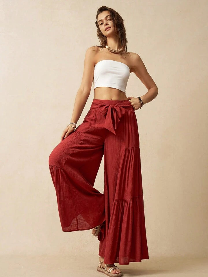 CM-BS131063 Women Trendy Bohemian Style Solid Color Drop Waist A-Line Pants - Burgundy