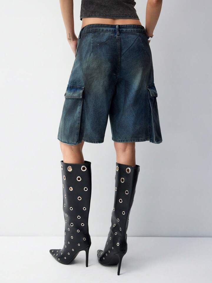 CM-BS497784 Women Casual Seoul Style Washed Drop Waist Denim Cargo Shorts - Blue