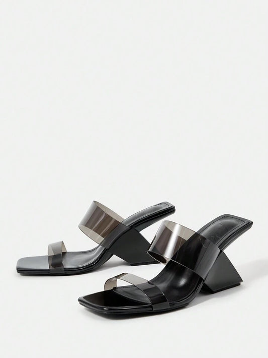 CM-SHS077665 Women Trendy Seoul Style Square Toe Sculptural Clear Strap High Heel Sandals - Black