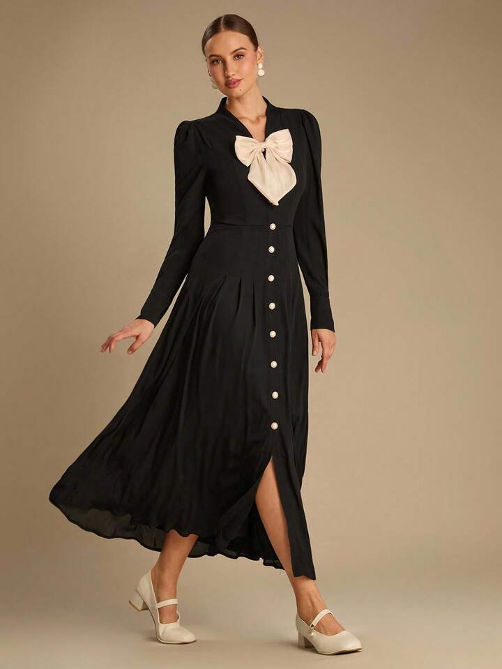 CM-DS166786 Women Elegant Seoul Style Bowknot Decor Tie Neck Long Sleeve Shirt Maxi Dress - Black