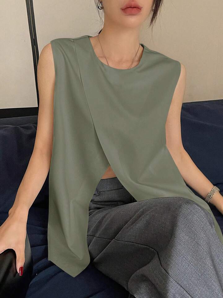 CM-TS250444 Women Casual Seoul Style Solid Color Wrap Side Slit Sleeveless Tank Top - Green