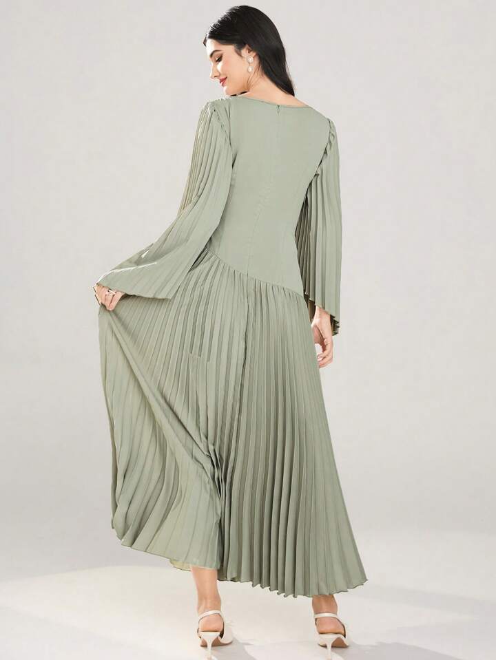 CM-DS972736 Women Elegant Seoul Style Round Neck Long Sleeve Asymmetrical Pleated Dress - Green