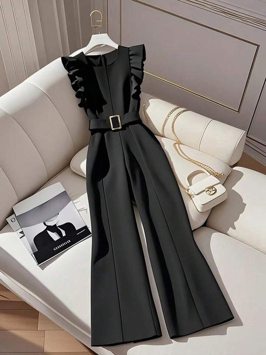 CM-JS281060 Women Elegant Seoul Style Solid Color Ruffle Waistband Wide Leg Jumpsuit - Black