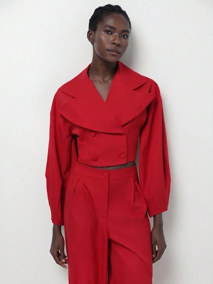 CM-SS109118 Women Elegant Seoul Style Lapel Neckline Lantern Sleeve Crop Blazer With Pants Suit - Red
