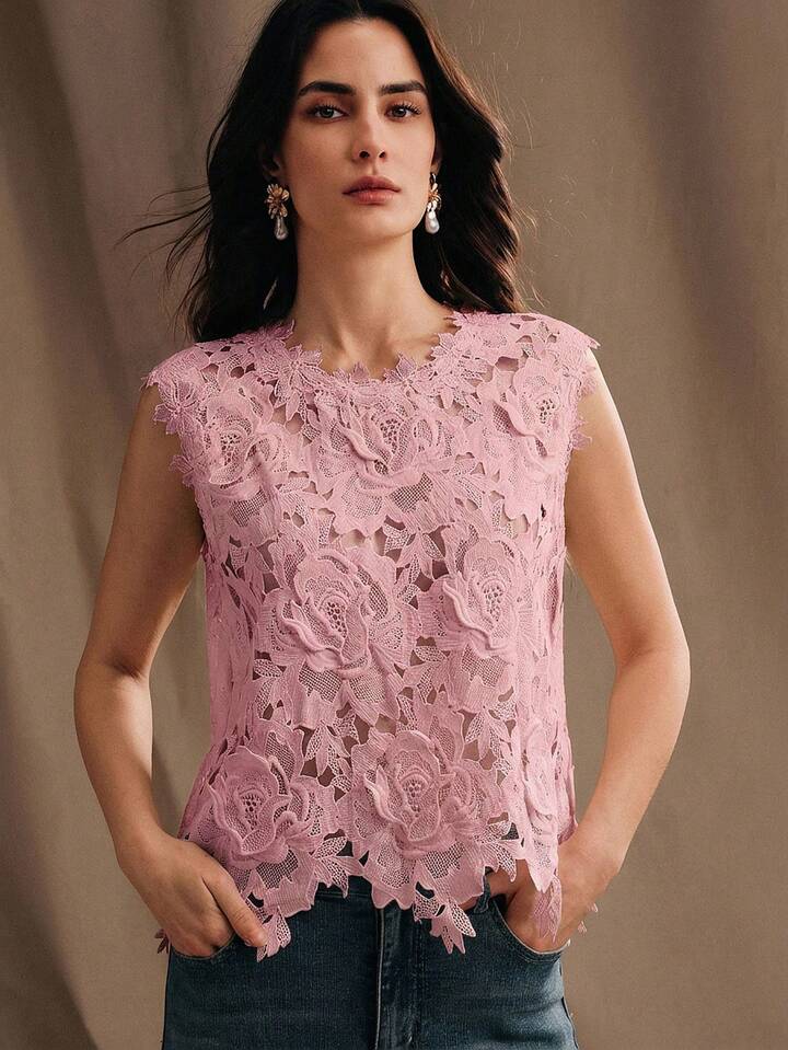 CM-TS375233 Women Elegant Seoul Style Round Neck Sleeveless Lace Embroidered Blouse - Pink