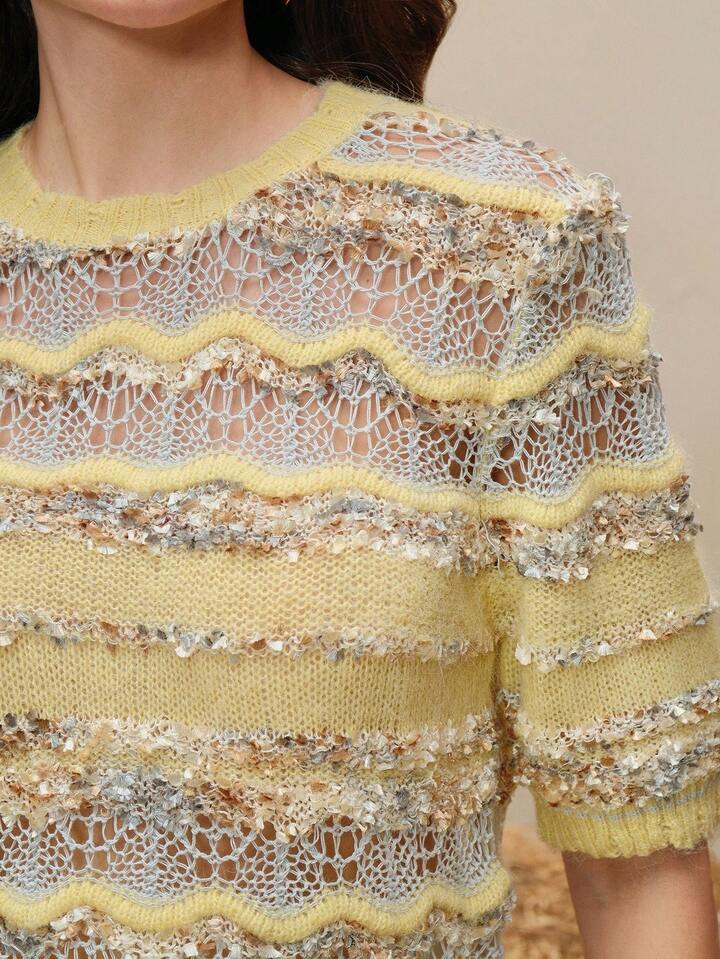 CM-CS923633 Women Elegant Seoul Style Hollow Out Design Round Neck Short Sleeve Knit Sweater - Yellow