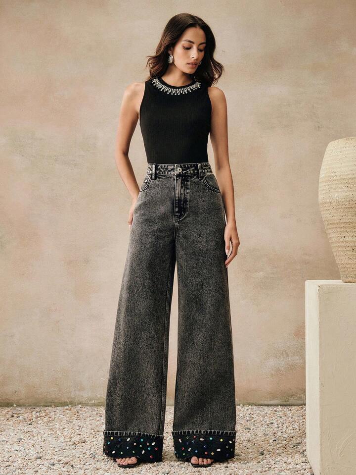 CM-BS269628 Women Elegant Seoul Style High Waist Rhinestone Embellished Loose Leg Wide Leg Jeans - Black