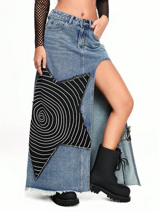 CM-BS288548 Women Casual Seoul Style Spiral Star Applique Slim Fit High Slit Long Denim Skirt