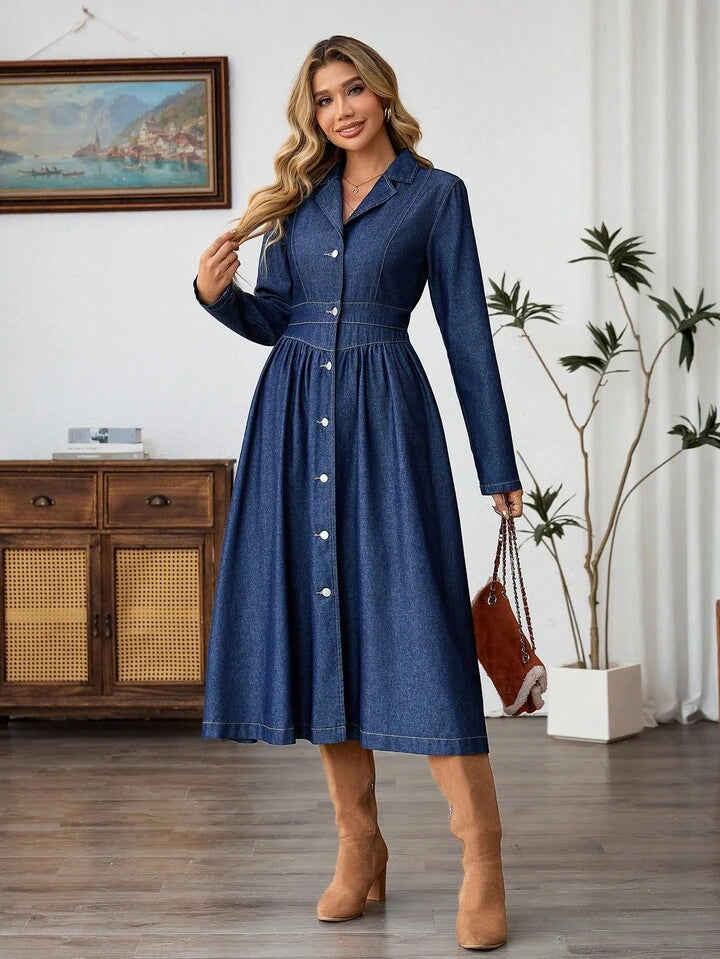 CM-DS021333 Women Elegant Seoul Style Dark Wash Lapel Neckline Long Sleeve Single-Breasted Denim Dress