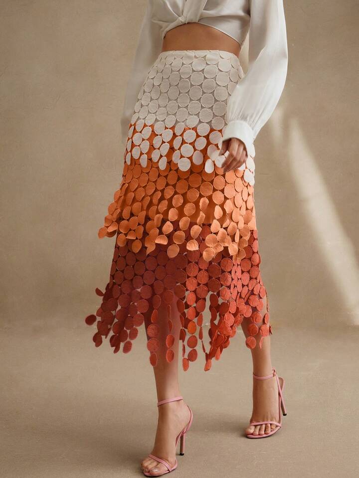 CM-BS433333 Women Trendy Bohemian Style Hollow Out Embroidery Tassel High Waist Flowy Skirt - Orange