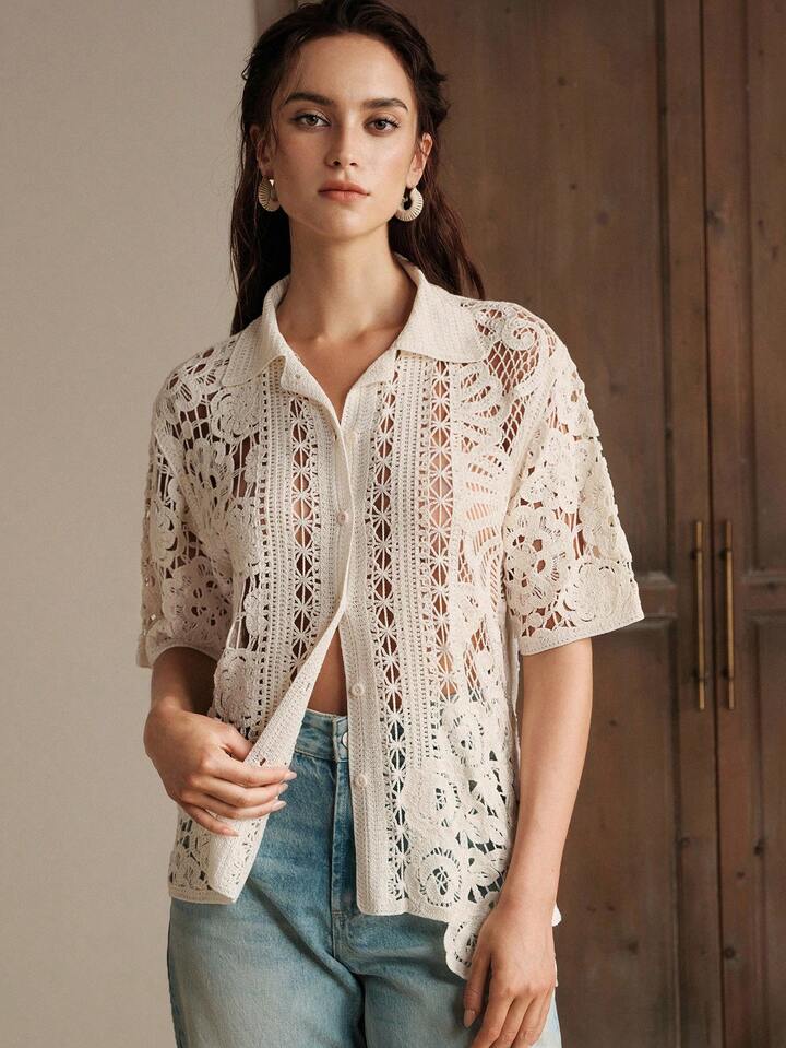 CM-TS333933 Women Casual Seoul Style Hollow Floral Asymmetric Loose Polo Collar Crochet Blouse