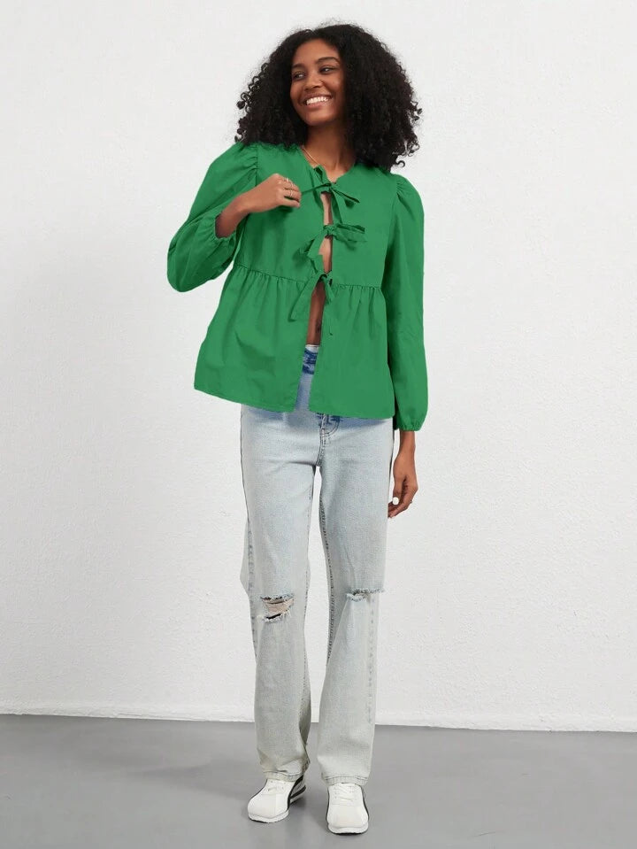 CM-TS810531 Women Casual Seoul Style Print Ruffle Hem Tie Long Sleeve Shirt - Green
