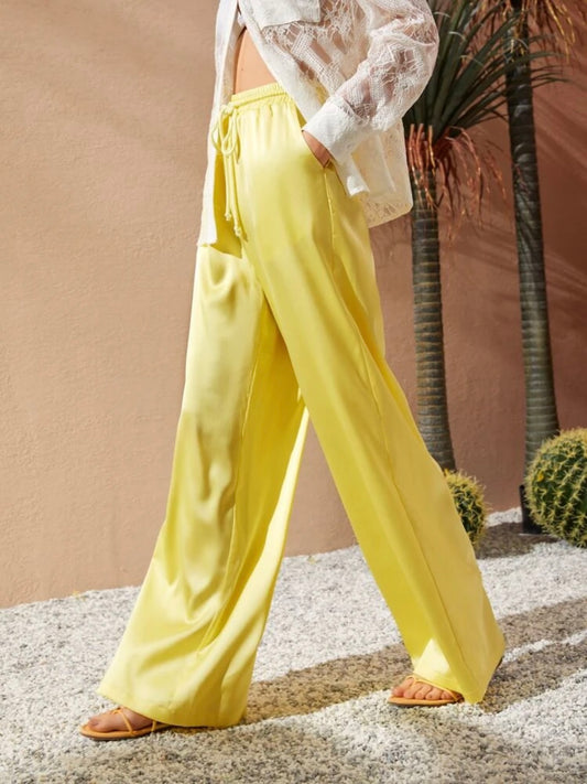 CM-BS349899 Women Trendy Bohemian Style Drawstring Waist Slant Pocket Satin Pants - Yellow
