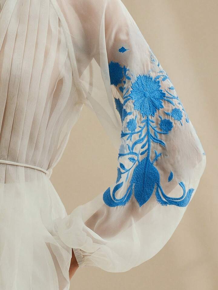 CM-TS691861 Women Elegant Seoul Style Stand Collar Long Sleeve Pleated Embroidered Tie Waist Blouse - Beige