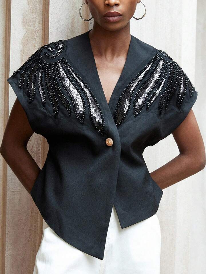 CM-TS354339 Women Elegant Seoul Style Asymmetrical Hem V-Neck Padded Beaded Embroidered Blouse - Black
