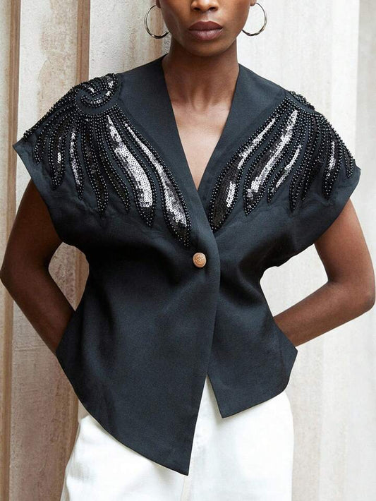 CM-TS354339 Women Elegant Seoul Style Asymmetrical Hem V-Neck Padded Beaded Embroidered Blouse - Black