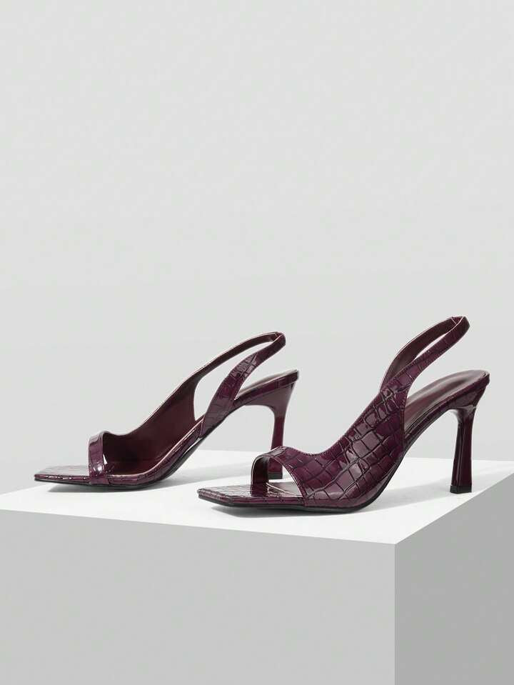 CM-SHS994189 Women Trendy Seoul Style Crocodile Pattern Slingback Square Toe Stiletto Sandals - Burgundy