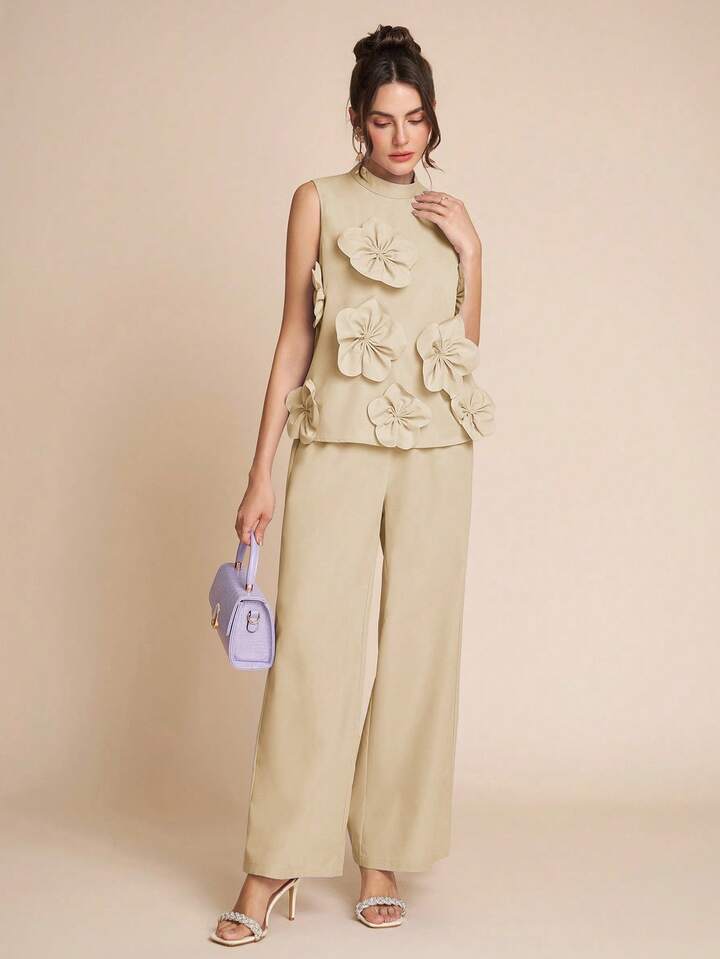 CM-SS359965 Women Elegant Seoul Style Stand Colllar Sleeveless 3D Floral Decor Top With Wide Leg Pants - Set