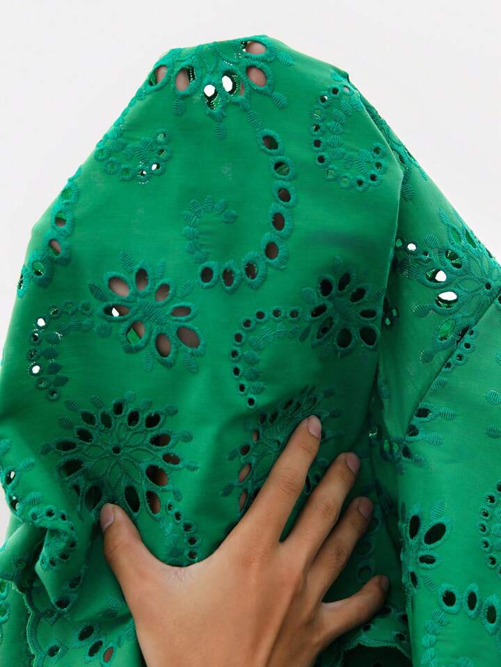 CM-TS773273 Women Trendy Bohemian Style Bowknot Tie Frayed Hem Embroidered Loose Long Sleeve Blouse - Green