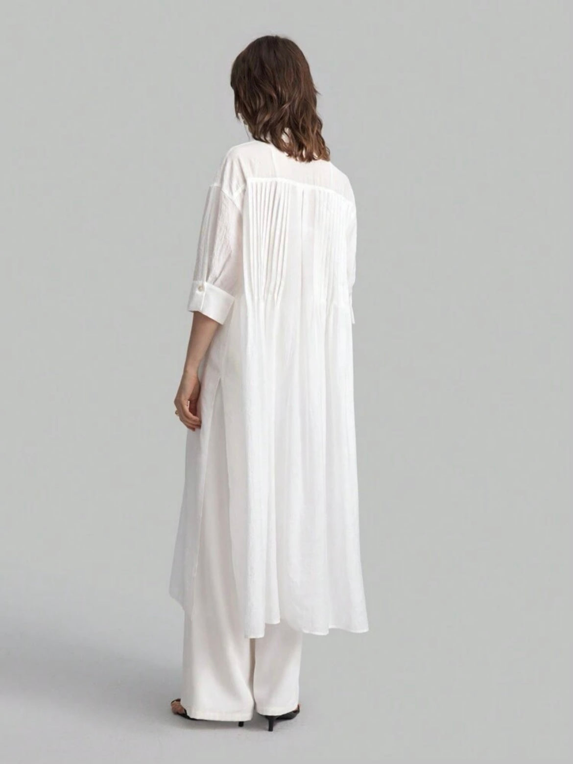 CM-TS582370 Women Casual Seoul Style Drop-Shoulder Long-Sleeve Half-Transparent Split Long Shirt
