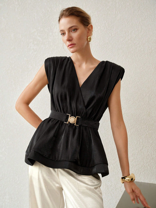 CM-TS414602 Women Elegant Seoul Style V-Neck Sleeveless Ruched Waist Top -  Black