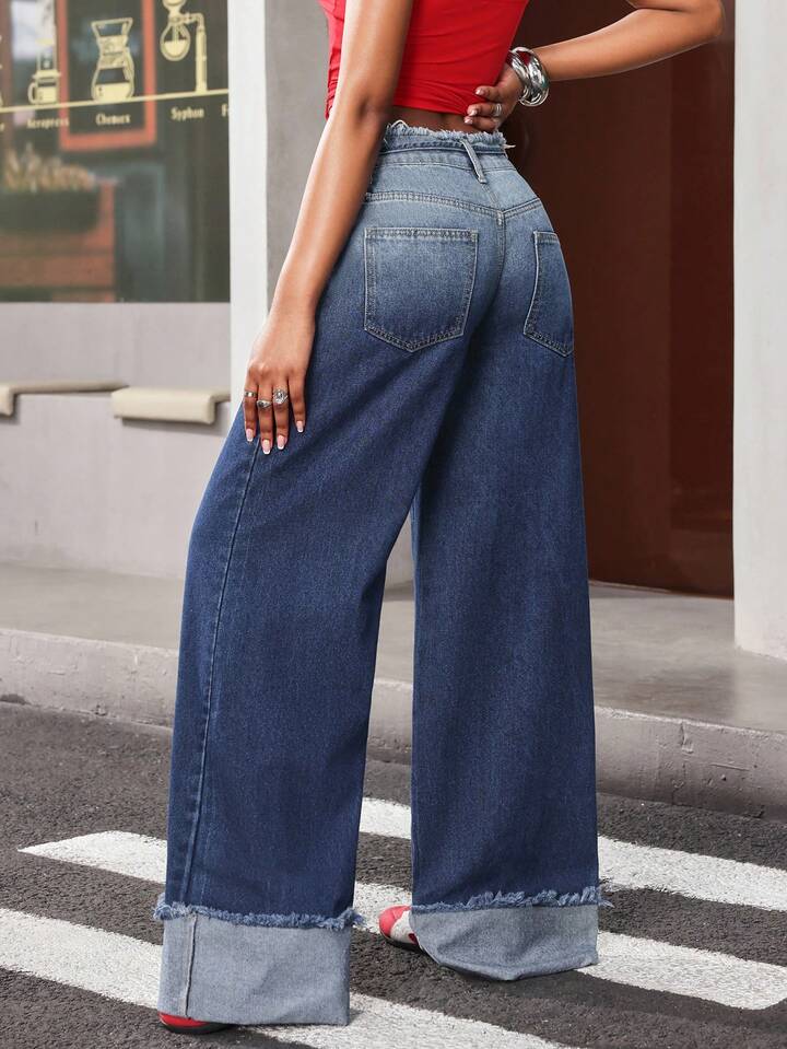 CM-BS839455 Women Casual Seoul Style Light Wash Mid Waist Ombre Frayed Hem Wide Leg Jeans