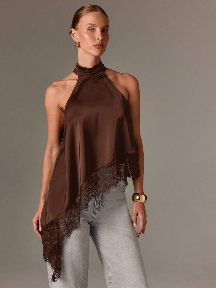 CM-TS415110 Women Elegant Seoul Style Asymmetrical High Neck Halter Top Lace Sleeveless Blouse - Coffee Brown