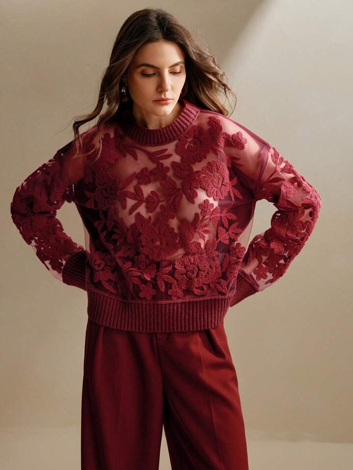 CM-CS301194 Women Casual Seoul Style Floral Pattern Round Neck Long Sleeve Knit Sweater - Burgundy