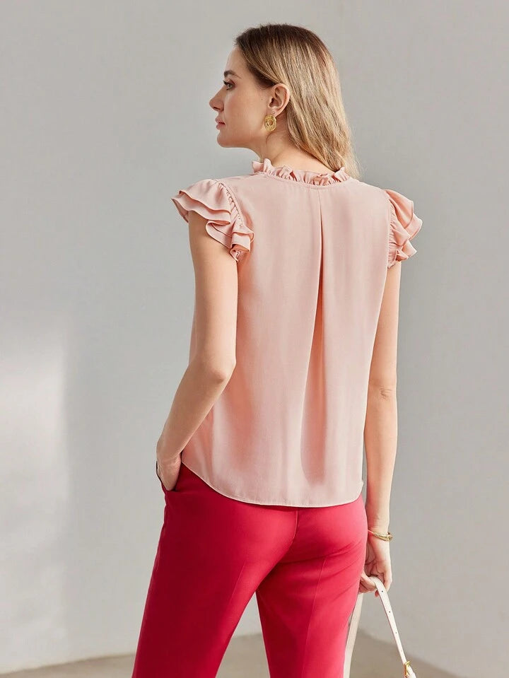 CM-TS669910 Women Casual Seoul Style Frill Trim Notch Neck Flutter Sleeve Blouse - Pink