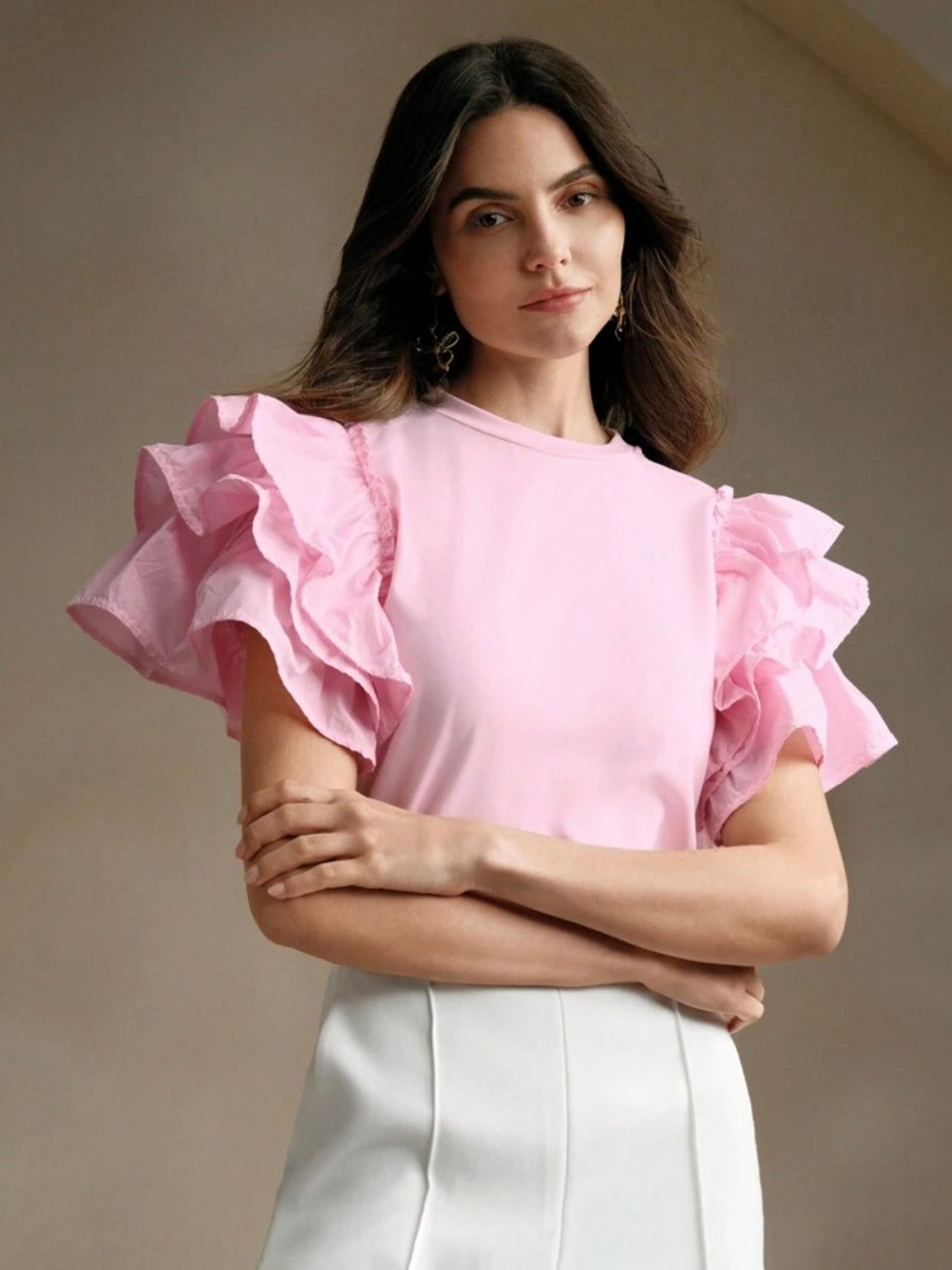 CM-TS461880 Women Casual Seoul Style Round Neck Puff Sleeve Ruffle Hem Splice Short Sleeve T-Shirt