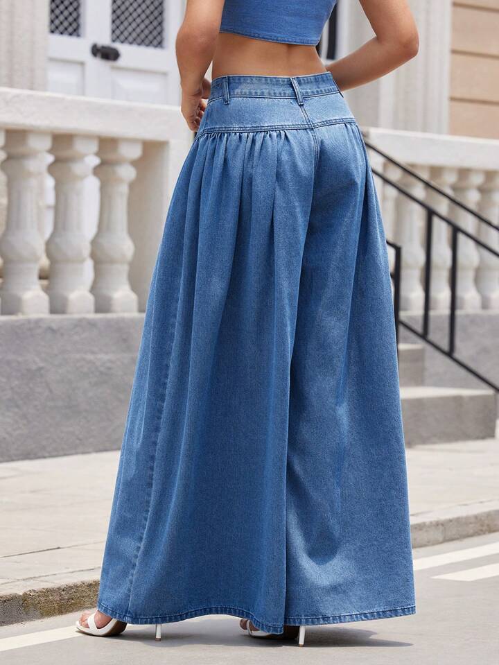 CM-BS115955 Women Casual Seoul Style Medium Wash High Waist Pleated Loose Wide Leg Jeans
