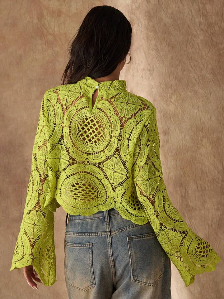 CM-TS777263 Women Casual Seoul Style Stand Collar Lace Hollow-Out See-Through Blouse - Green