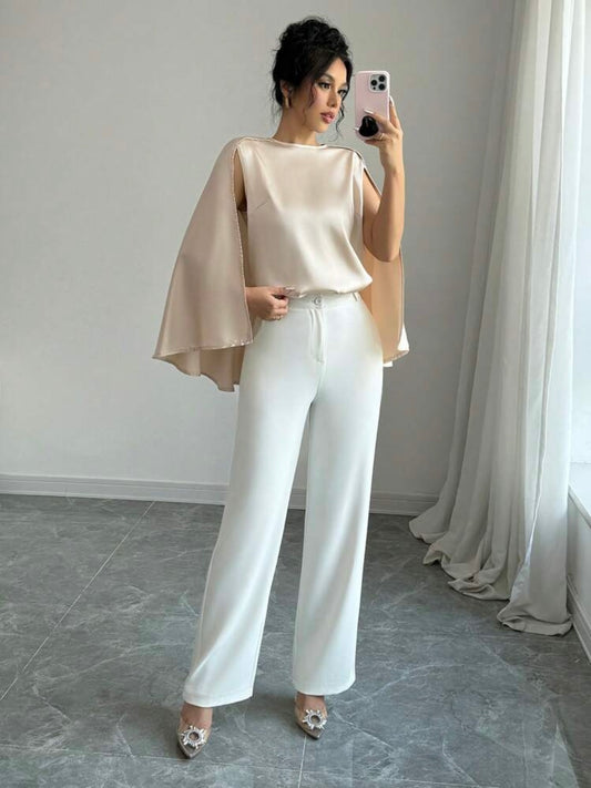 CM-TS517920 Women Casual Seoul Style Round Neck Elegant Cape Sleeve Long Sleeve Blouse - Apricot