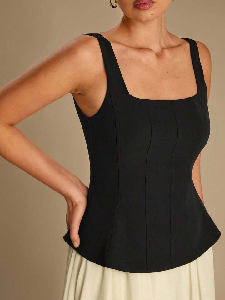CM-DS532497 Women Elegant Seoul Style Color Block Square Neck Sleeveless Mid Waist Maxi Dress