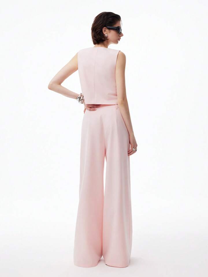 CM-SS262320 Women Casual Seoul Style V-Neck Sleeveless Tie-Waist Asymmetric Placket Vest With Wide-Leg Pants - Set