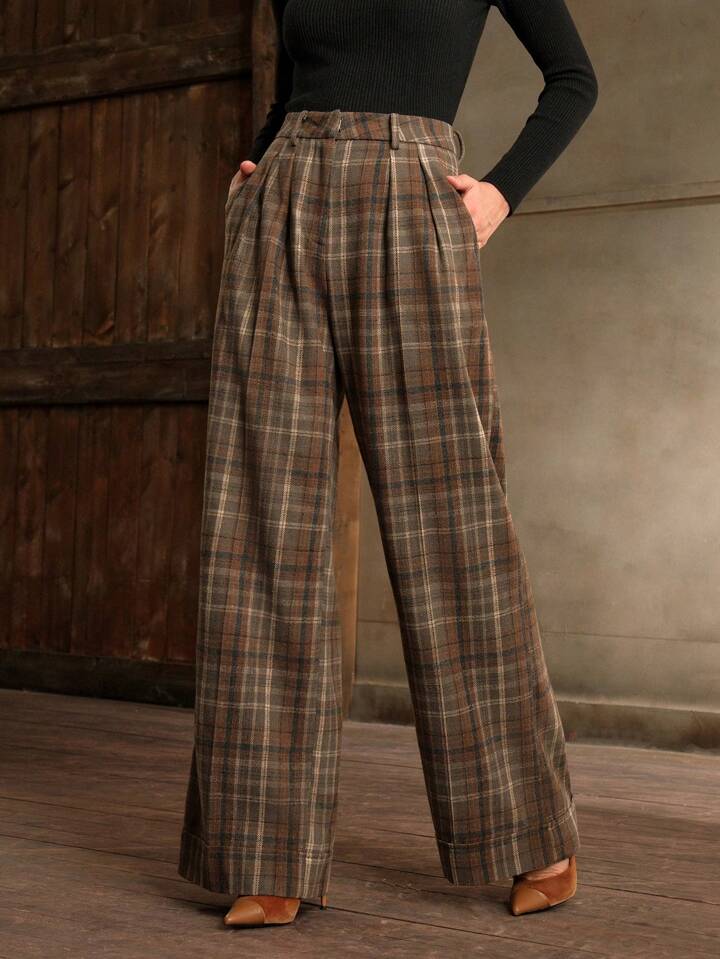 CM-BS566898 Women Elegant Seoul Style Multicolor High Waisted Straight Leg Plaid Pants