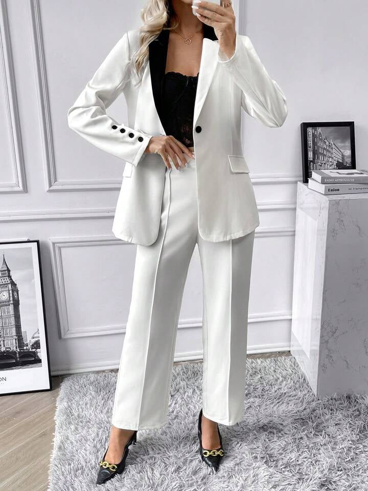 CM-SS451228 Women Elegant Seoul Style Contrast Collar Flap Detail Blazer With Pants Suit - White