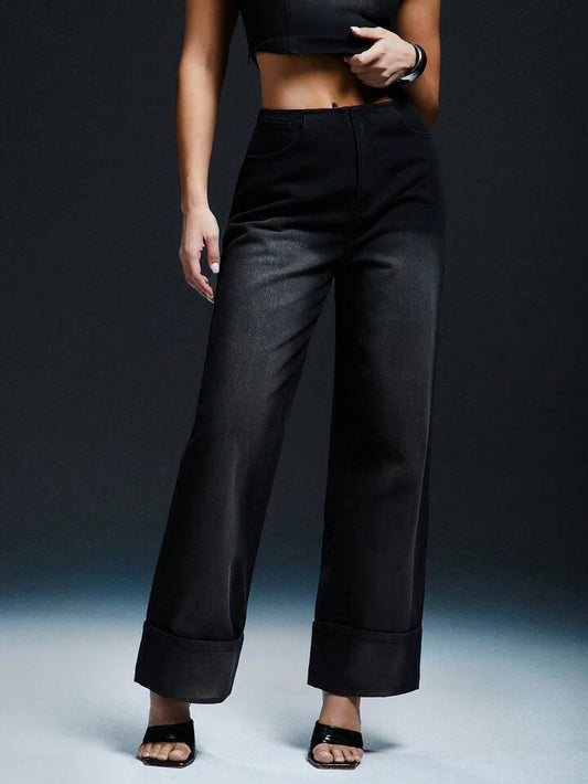 CM-BS626863 Women Casual Seoul Style Zip Pocket Straught Leg Denim Pants - Dark Gray