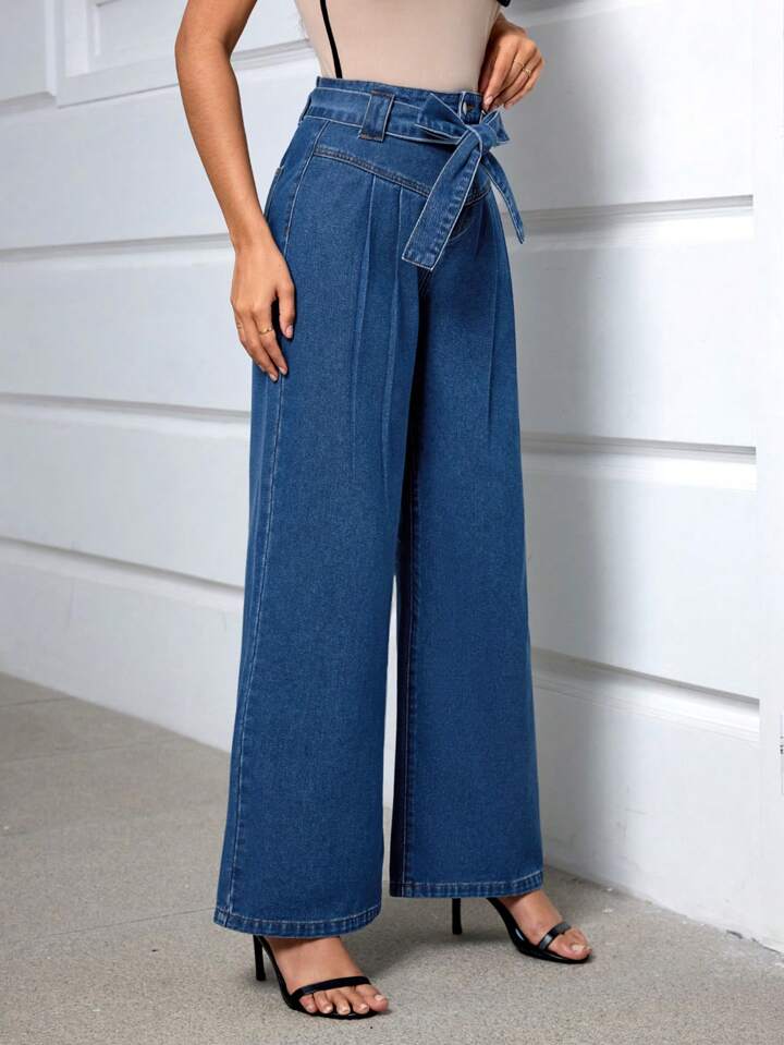 CM-BS232441 Women Casual Seoul Style Dark Wah High Waisted Loose Wide Leg Jeans