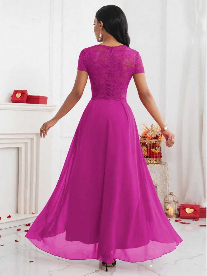 CM-DS667745 Women Elegant Seoul Style Lace Round Neck Cap Sleeve A-Line Long Dress - Hot Pink