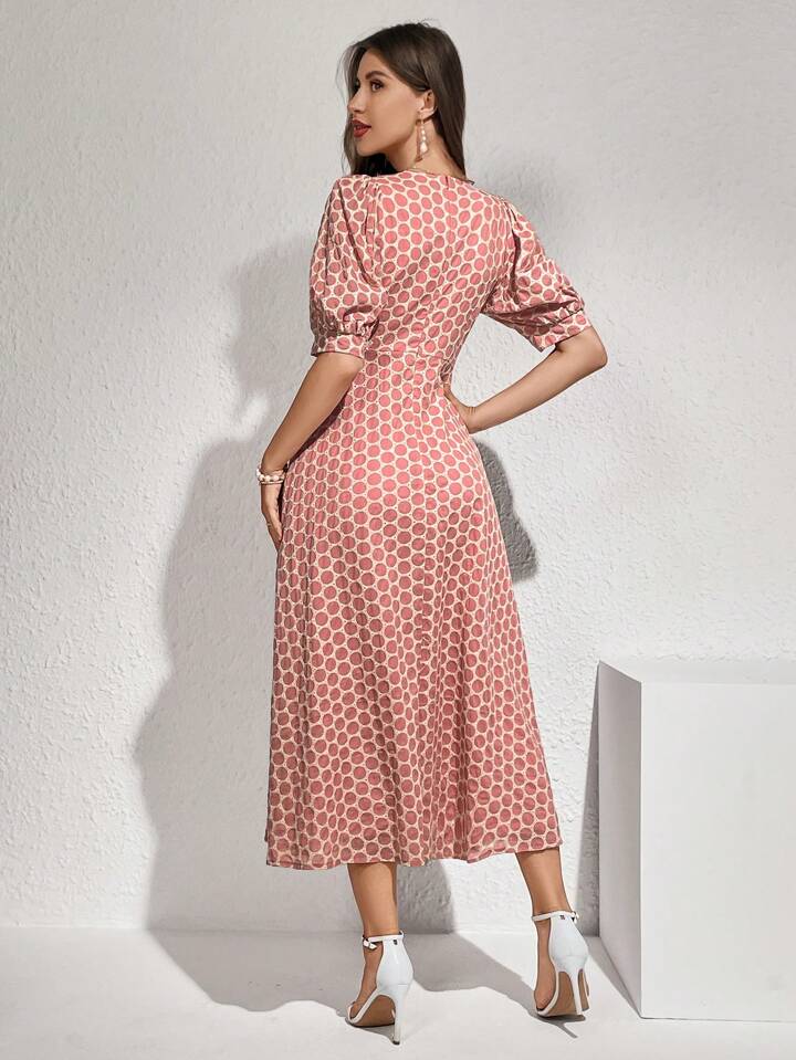 CM-DS301719 Women Elegant Seoul Style Polka Dot Print V-Neck Short Sleeve Belted Dress - Pink